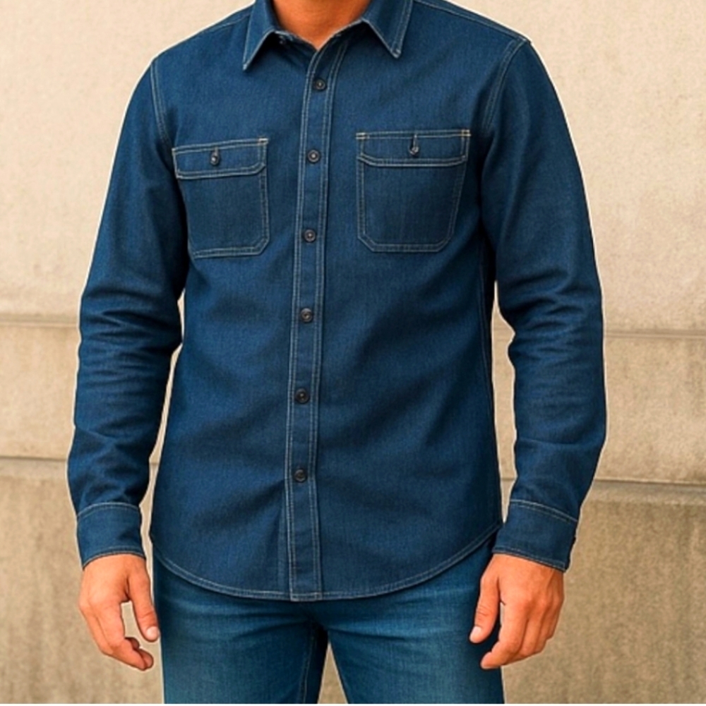 Lands End Blake Shelton Denim Jean Shirt Size L Pearl Snap Front Mens Blue